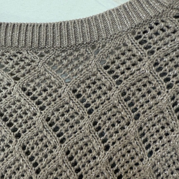 LOFT Metallic Pointelle Knit Sweater Open Weave Subtle Shimmer Taupe Size Medium - Picture 7 of 10